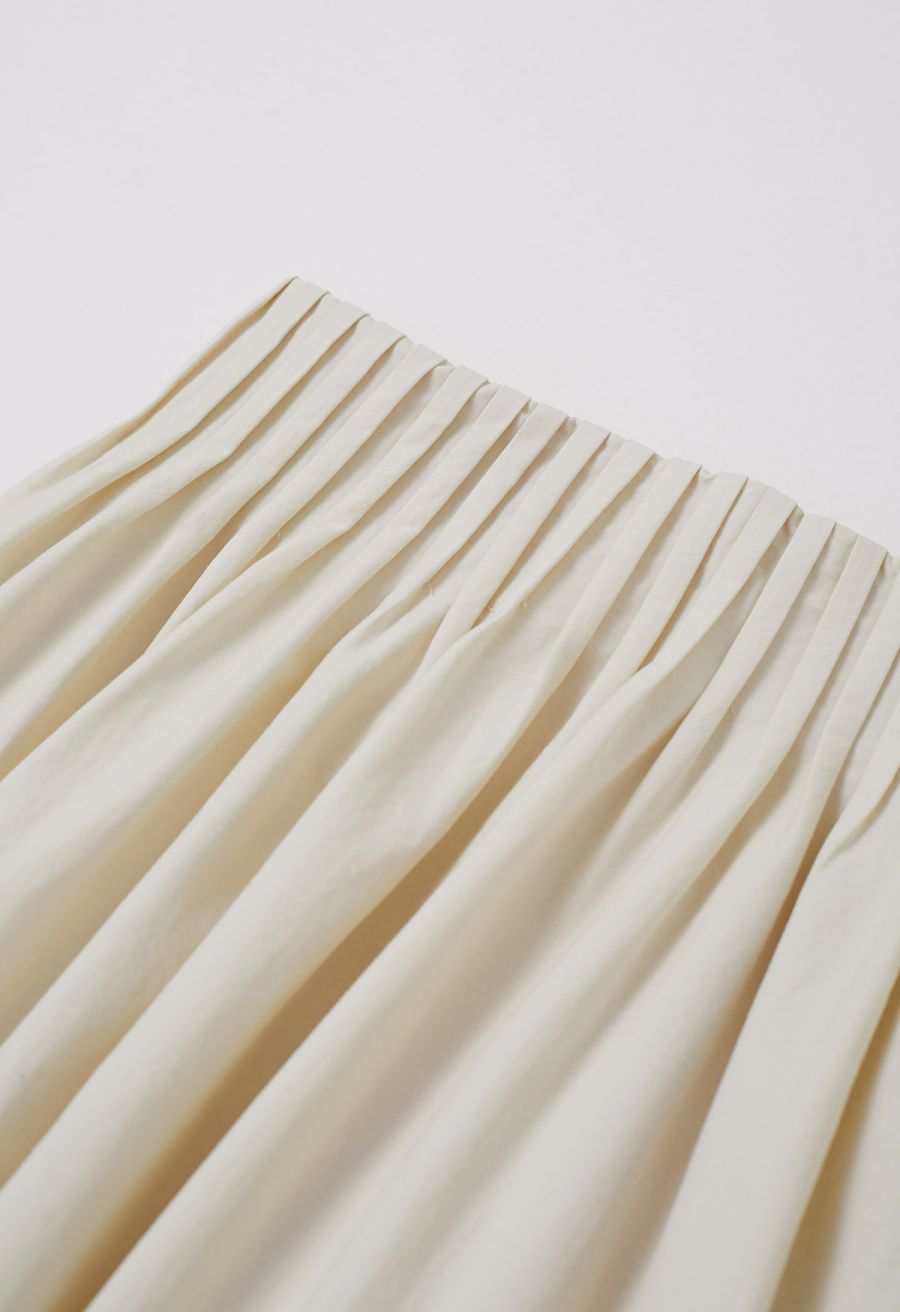 Casual Pleated Waist Cotton Maxi Skirt in Cream