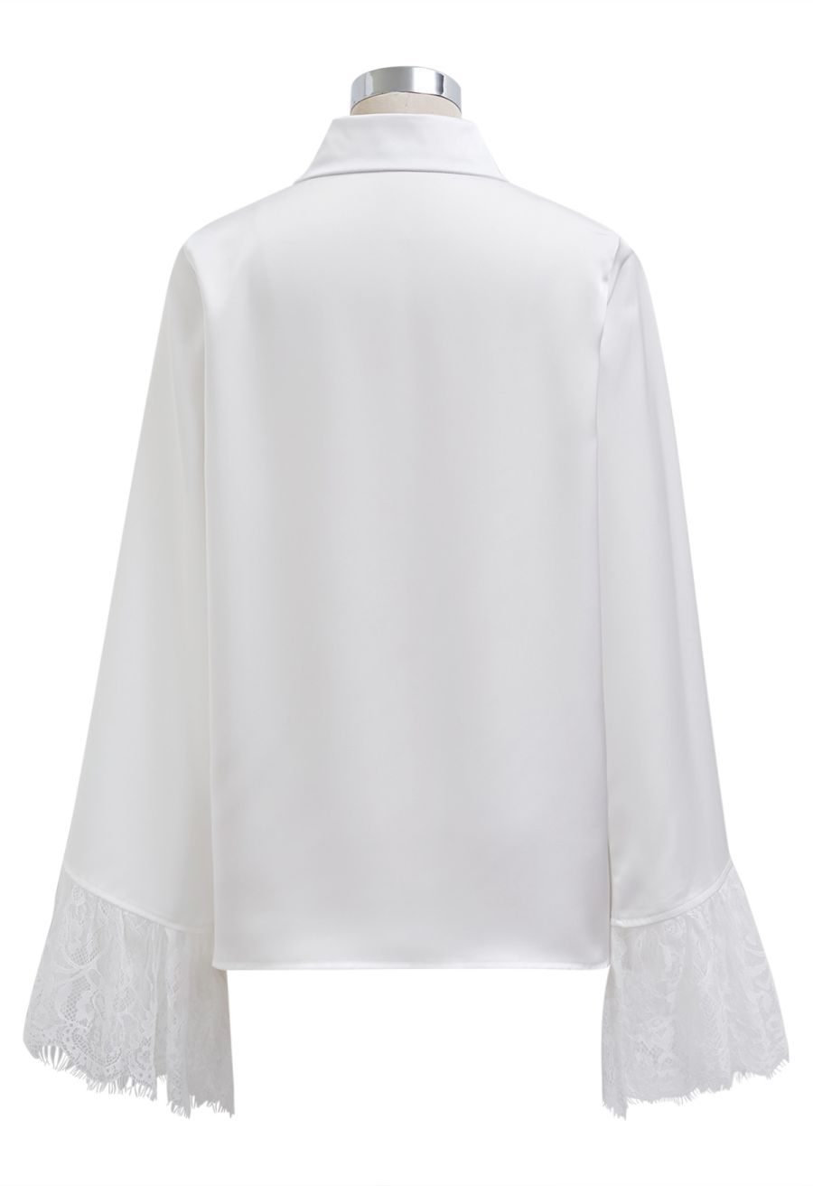 Lace Cuff Bell-Sleeve Satin Shirt in White