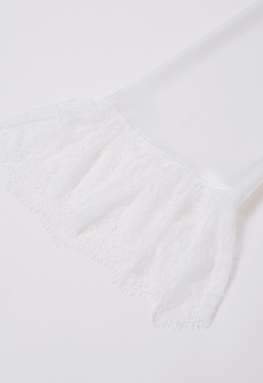 Lace Cuff Bell-Sleeve Satin Shirt in White