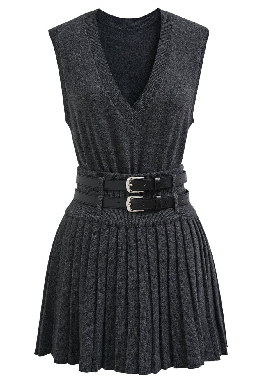 V-Neck Sleeveless Knit Top and Pleated Skirt Set in Smoke