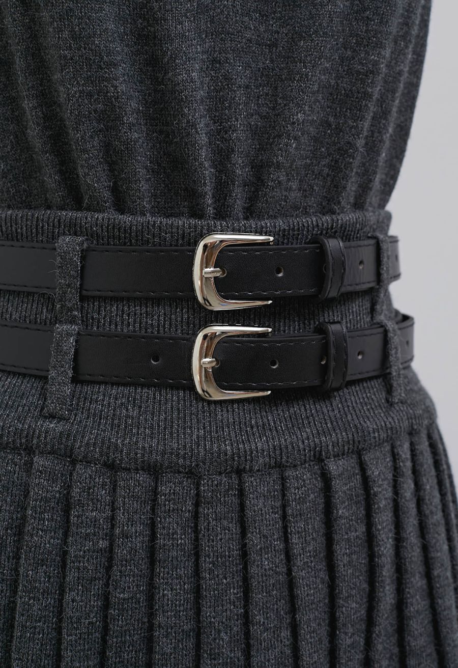 V-Neck Sleeveless Knit Top and Pleated Skirt Set in Smoke