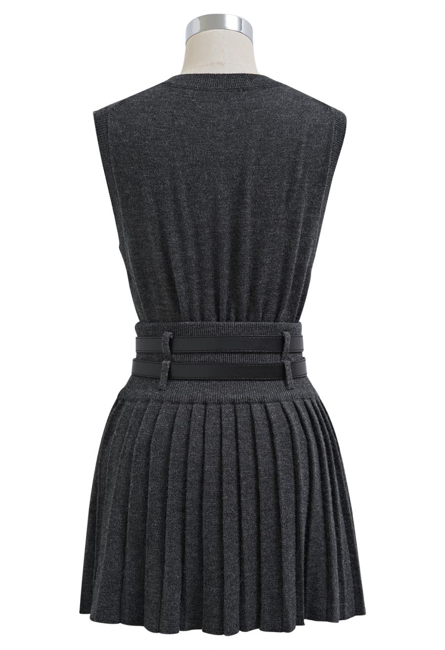 V-Neck Sleeveless Knit Top and Pleated Skirt Set in Smoke