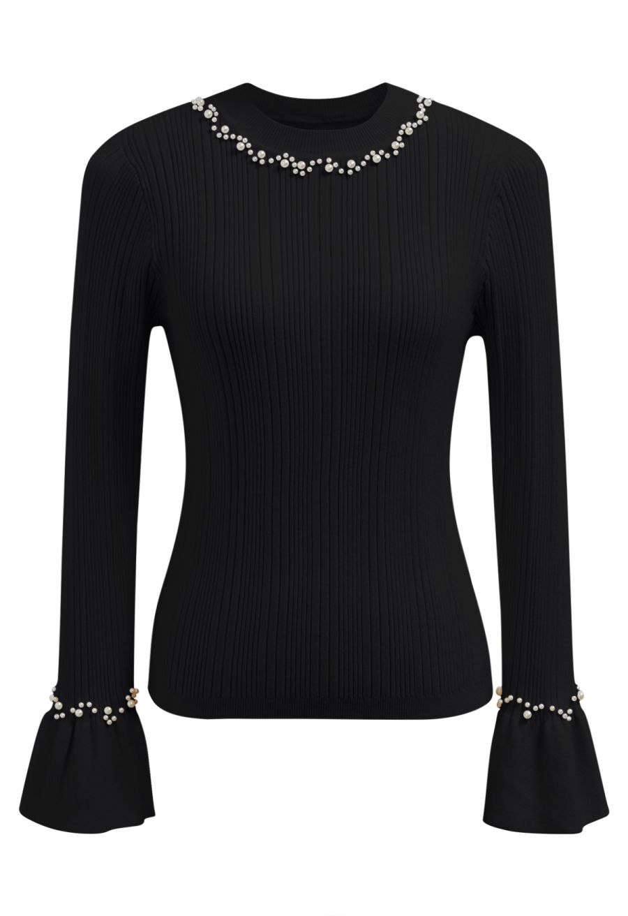 Pearl Adorned Flare Cuffs Ribbed Knit Top in Black