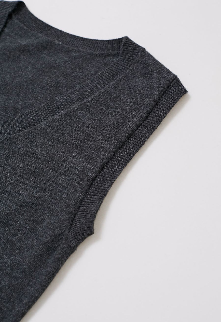 V-Neck Sleeveless Knit Top and Pleated Skirt Set in Smoke