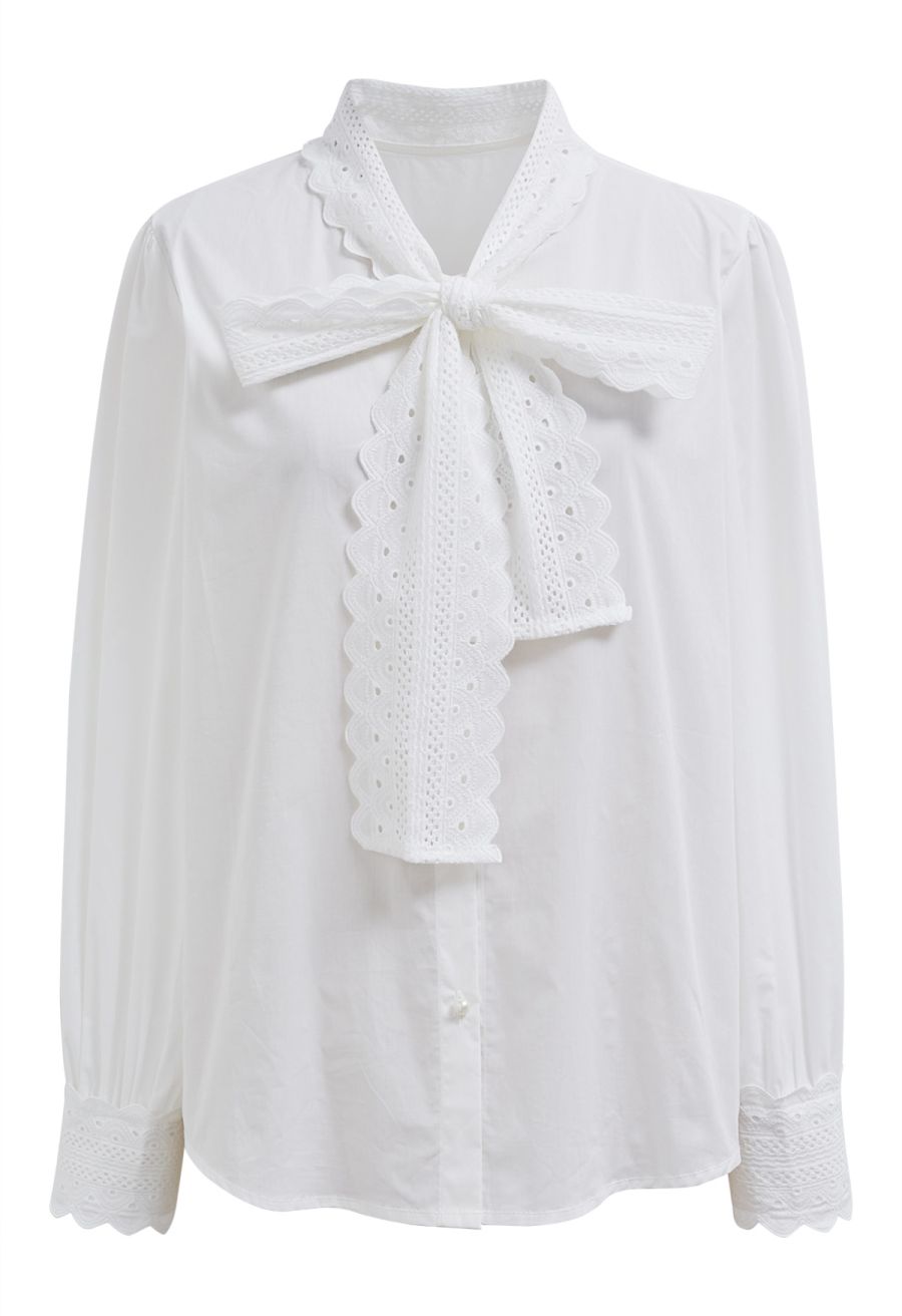 Embroidered Eyelet Bowknot Puff Sleeves Shirt