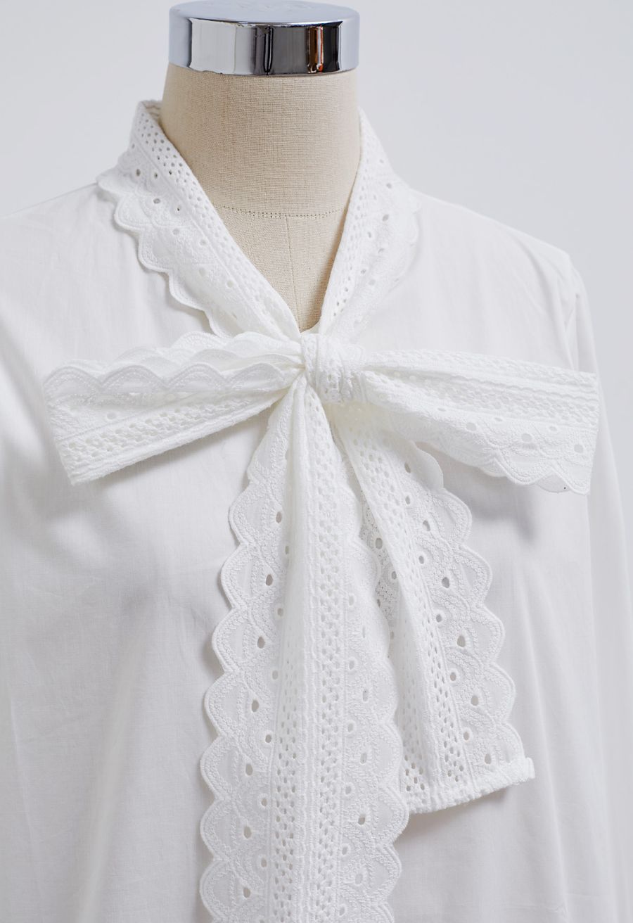 Embroidered Eyelet Bowknot Puff Sleeves Shirt