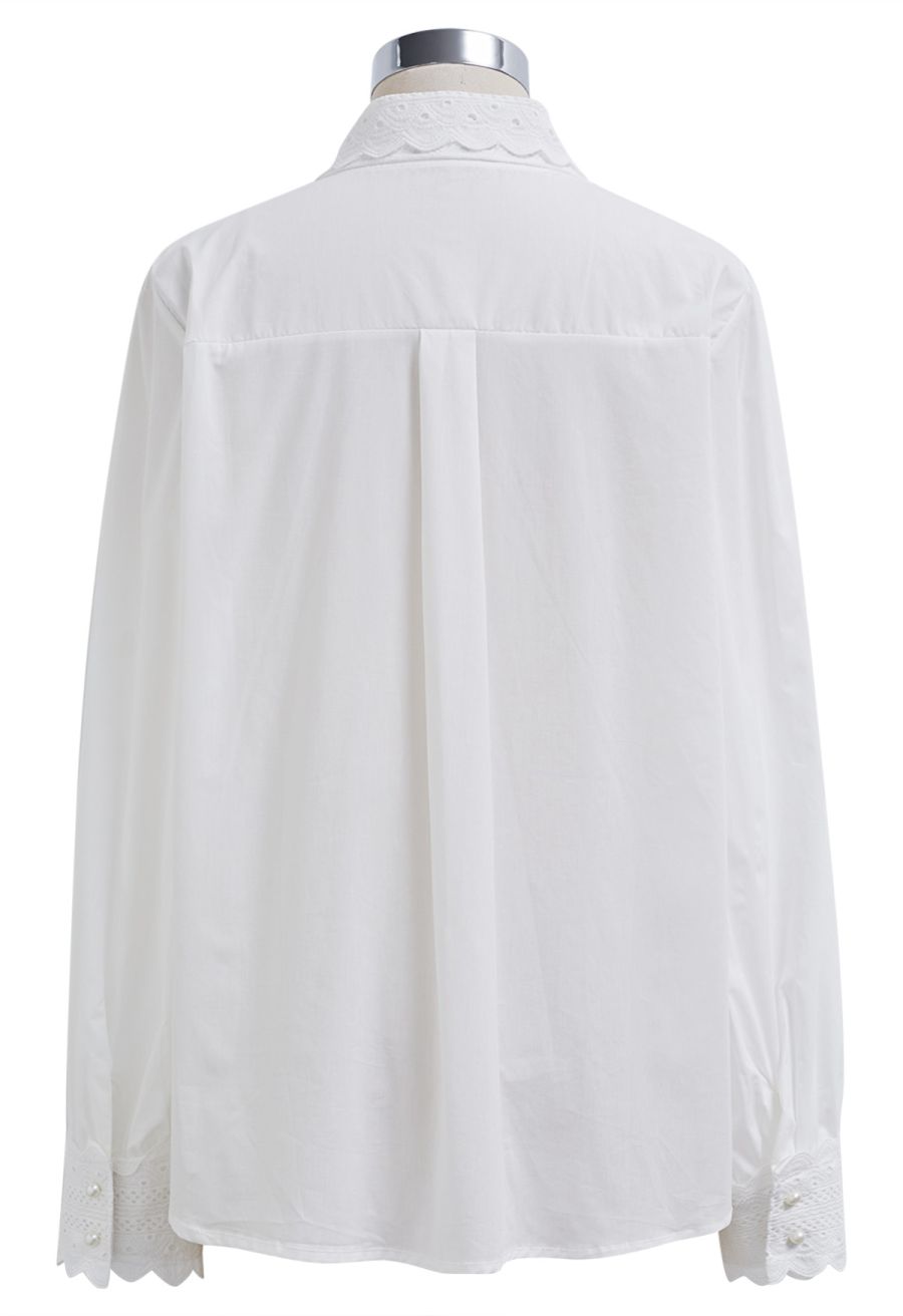 Embroidered Eyelet Bowknot Puff Sleeves Shirt