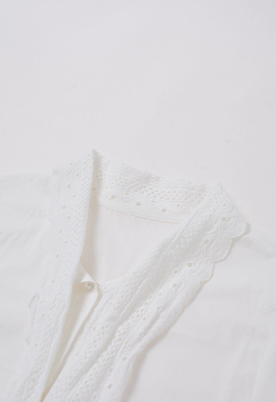 Embroidered Eyelet Bowknot Puff Sleeves Shirt