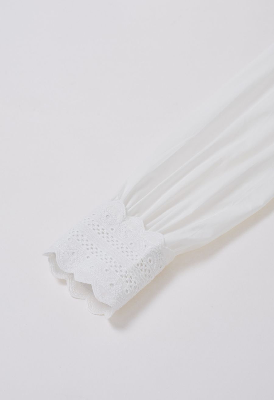 Embroidered Eyelet Bowknot Puff Sleeves Shirt