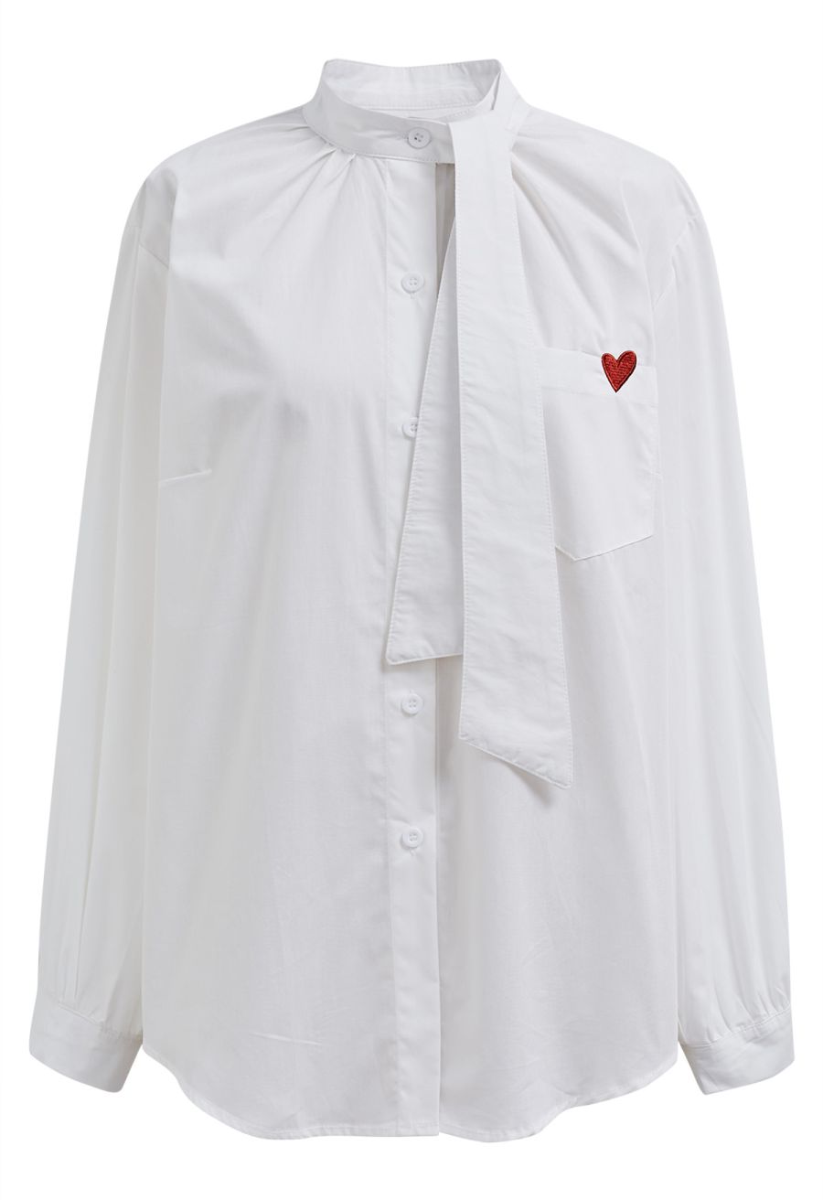 Embroidered Heart Patch Pocket Tie-Neck Shirt