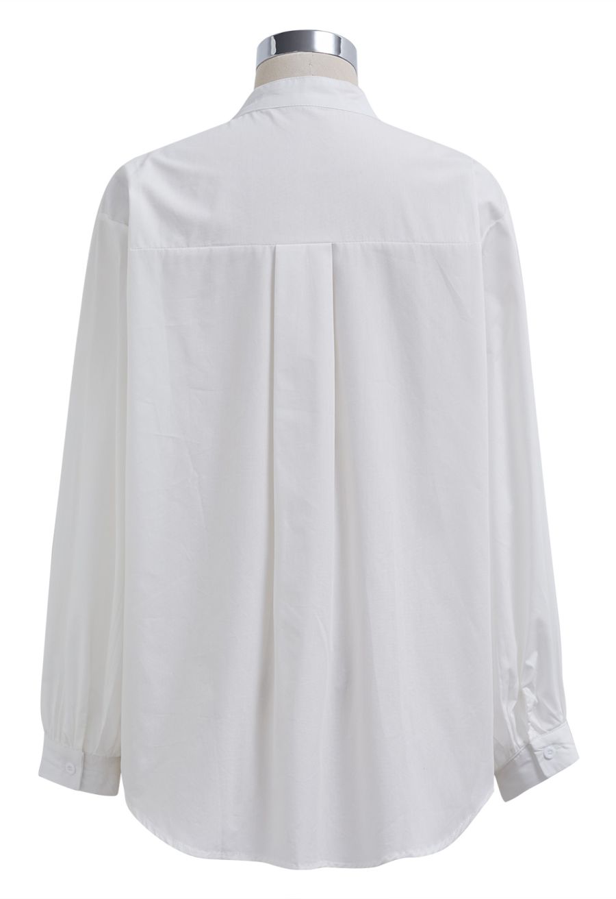 Embroidered Heart Patch Pocket Tie-Neck Shirt