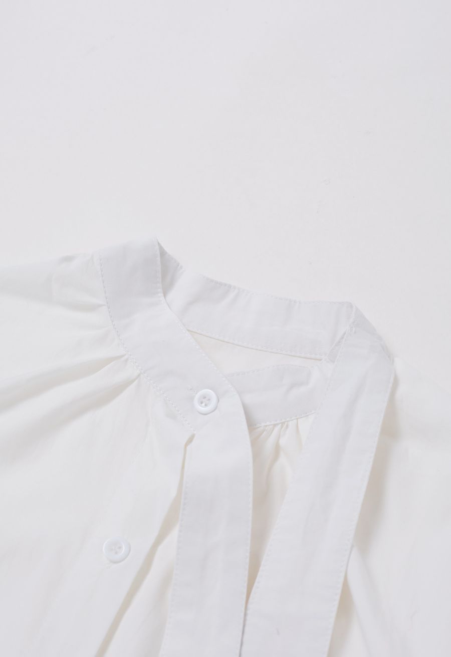 Embroidered Heart Patch Pocket Tie-Neck Shirt