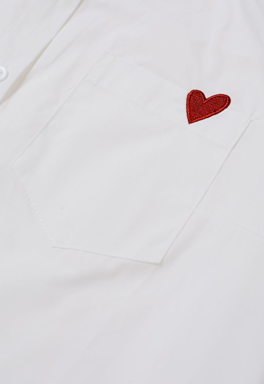 Embroidered Heart Patch Pocket Tie-Neck Shirt