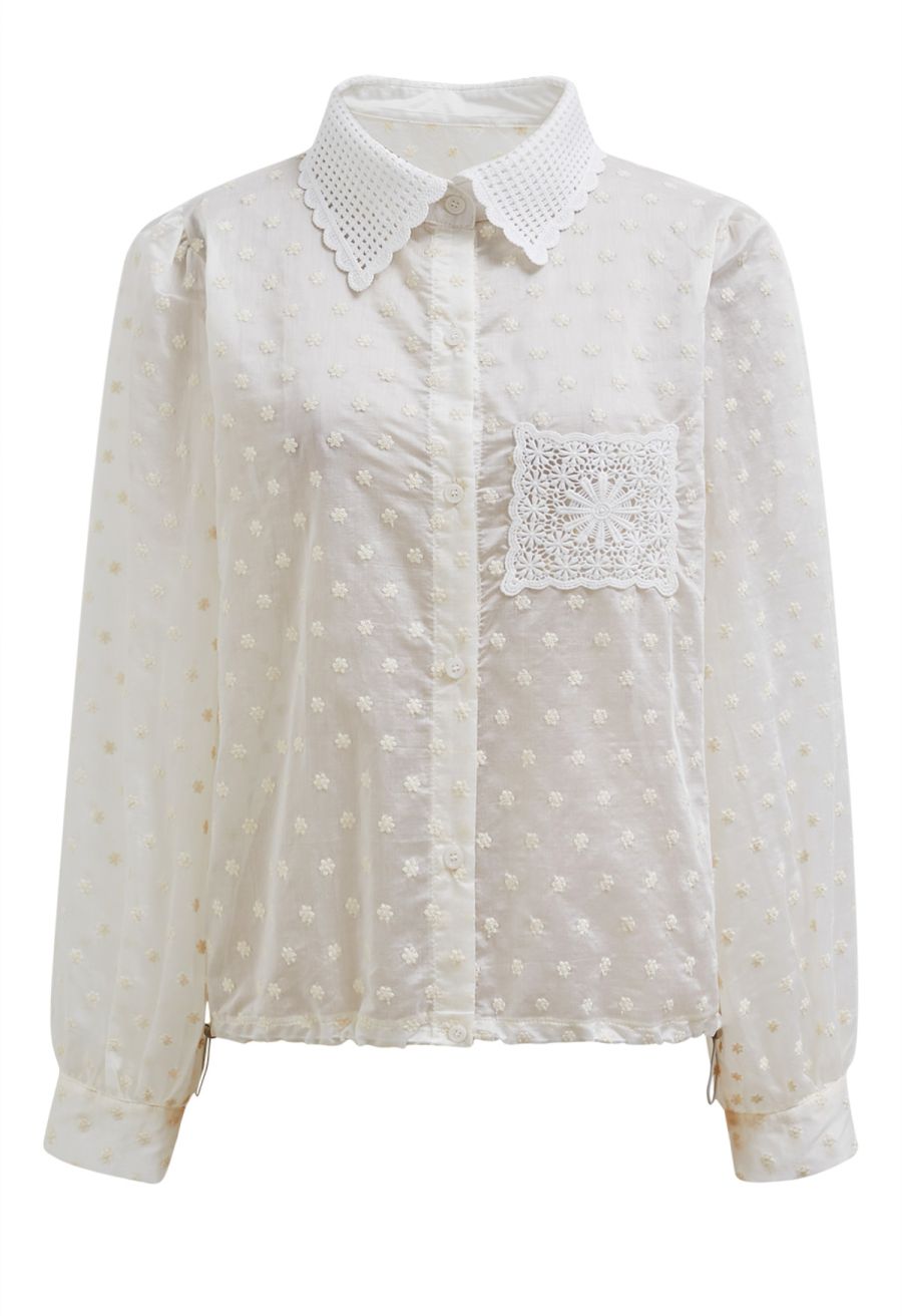 Lace Cutwork Pocket Embroidered Drawstring Shirt in Ivory