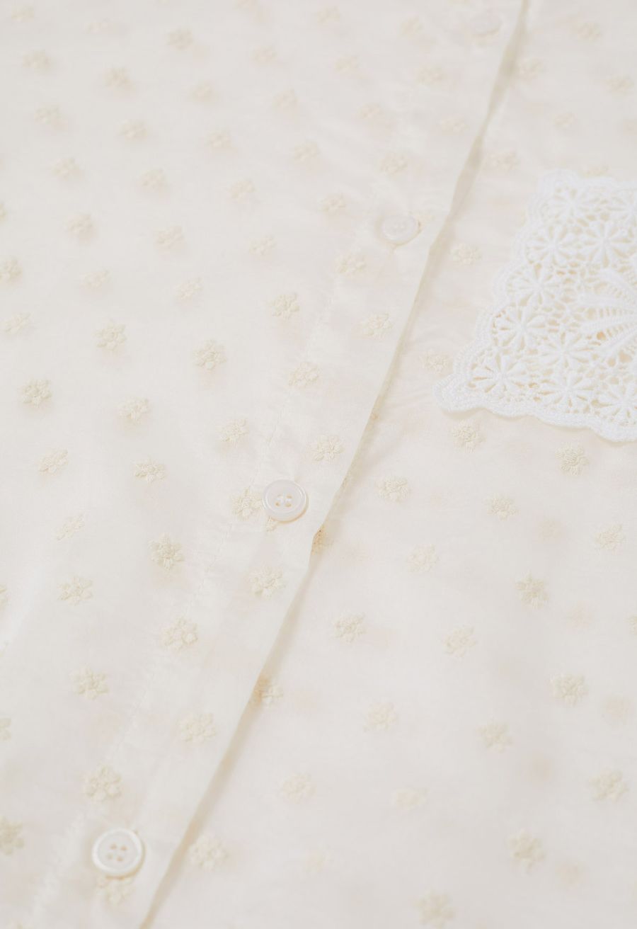 Lace Cutwork Pocket Embroidered Drawstring Shirt in Ivory