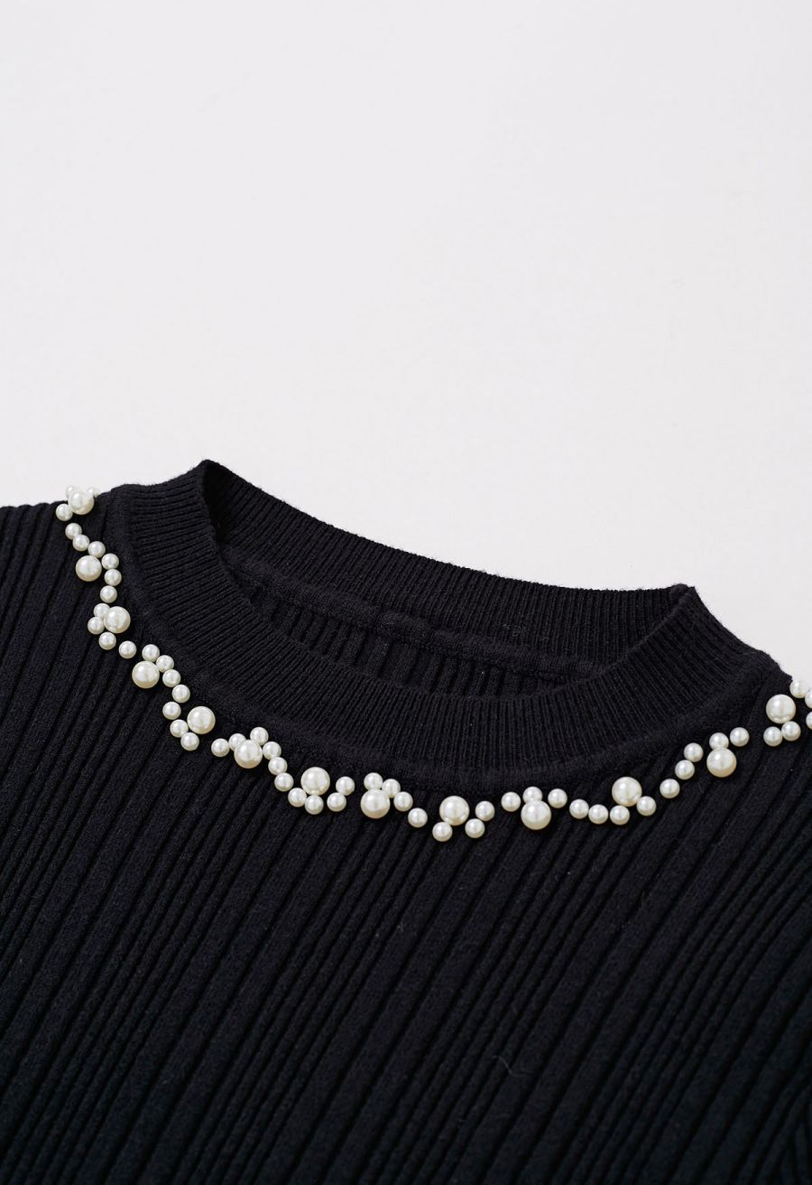 Pearl Adorned Flare Cuffs Ribbed Knit Top in Black