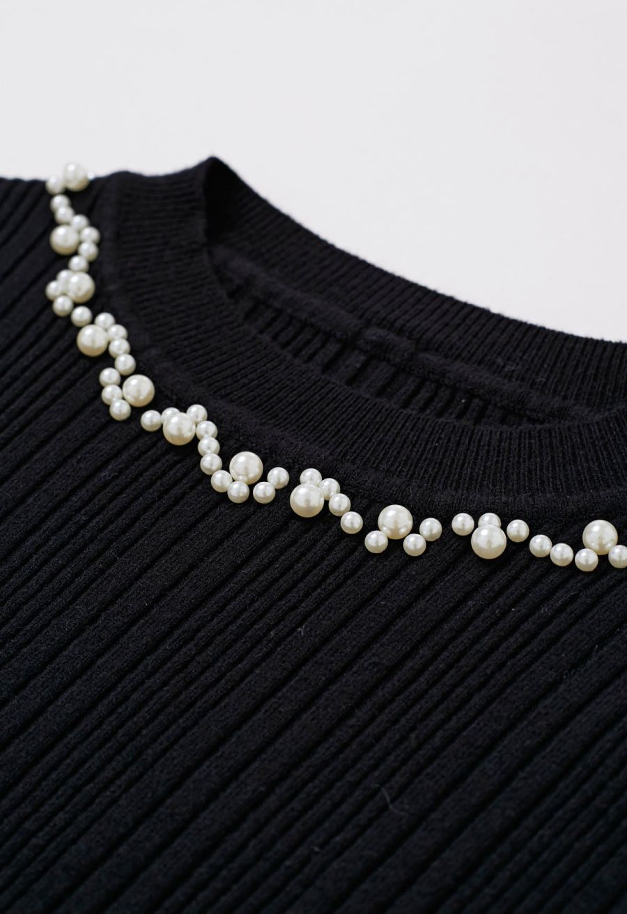 Pearl Adorned Flare Cuffs Ribbed Knit Top in Black