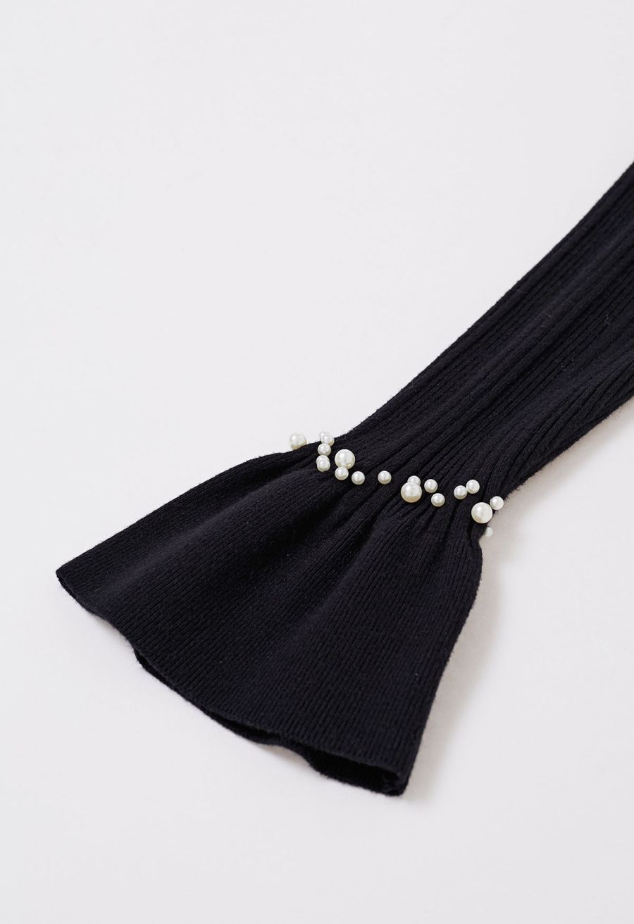 Pearl Adorned Flare Cuffs Ribbed Knit Top in Black
