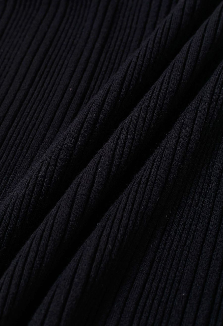 Pearl Adorned Flare Cuffs Ribbed Knit Top in Black