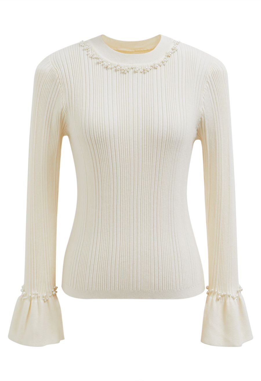 Pearl Adorned Flare Cuffs Ribbed Knit Top in Cream