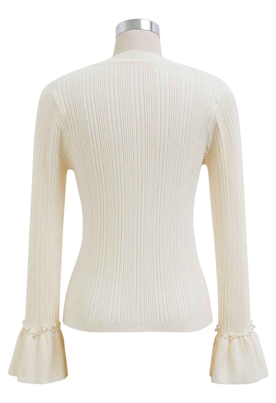 Pearl Adorned Flare Cuffs Ribbed Knit Top in Cream