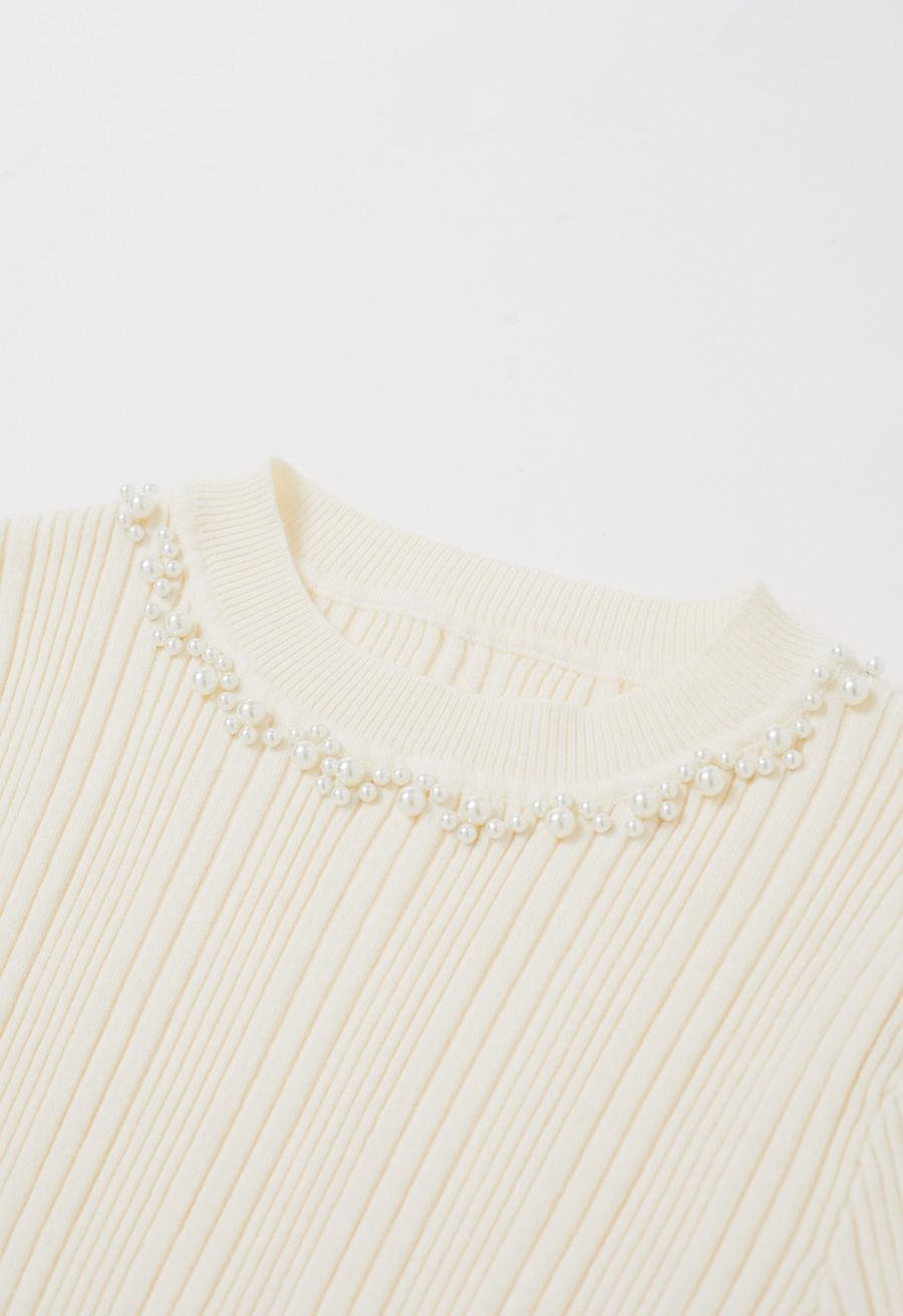 Pearl Adorned Flare Cuffs Ribbed Knit Top in Cream