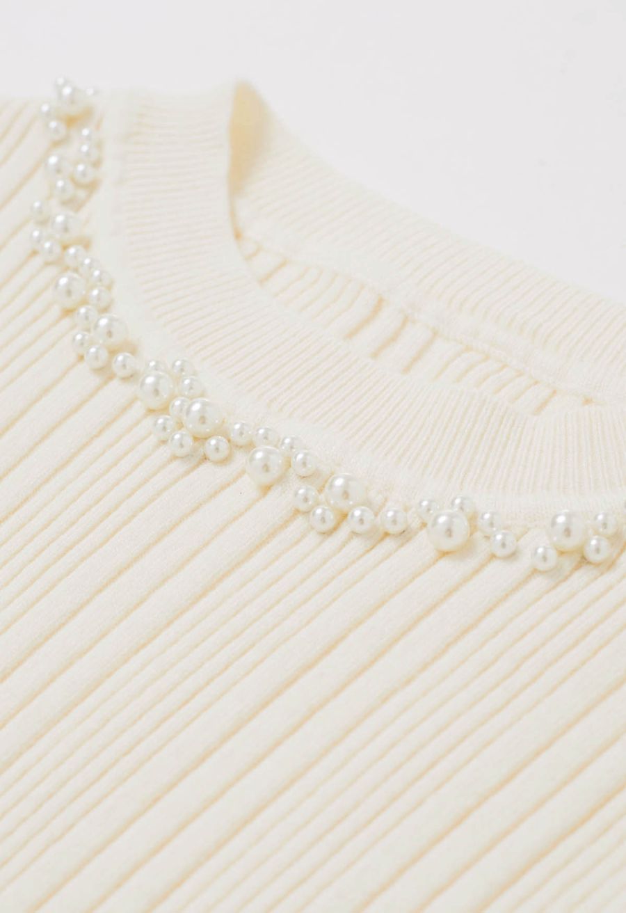 Pearl Adorned Flare Cuffs Ribbed Knit Top in Cream