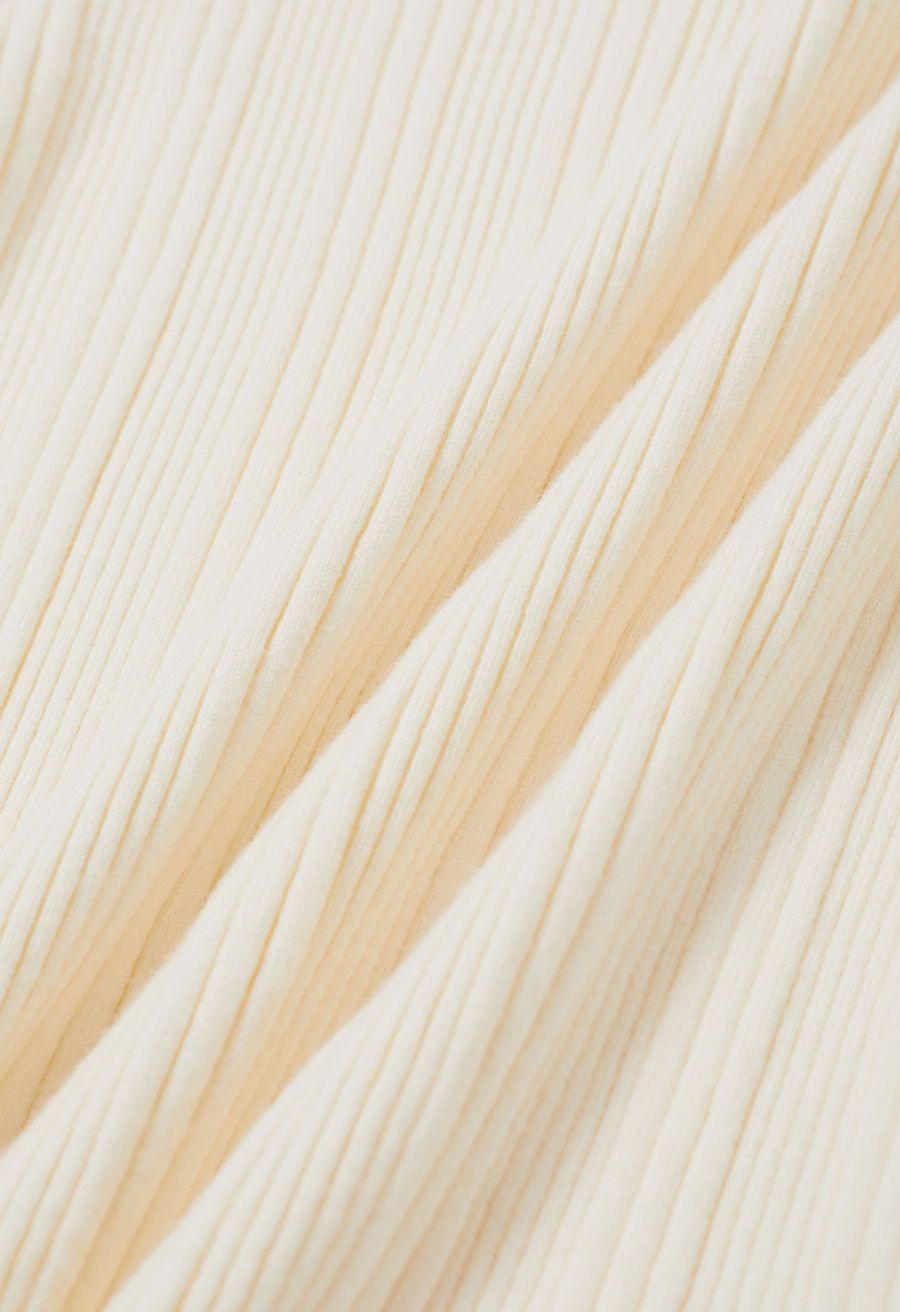 Pearl Adorned Flare Cuffs Ribbed Knit Top in Cream