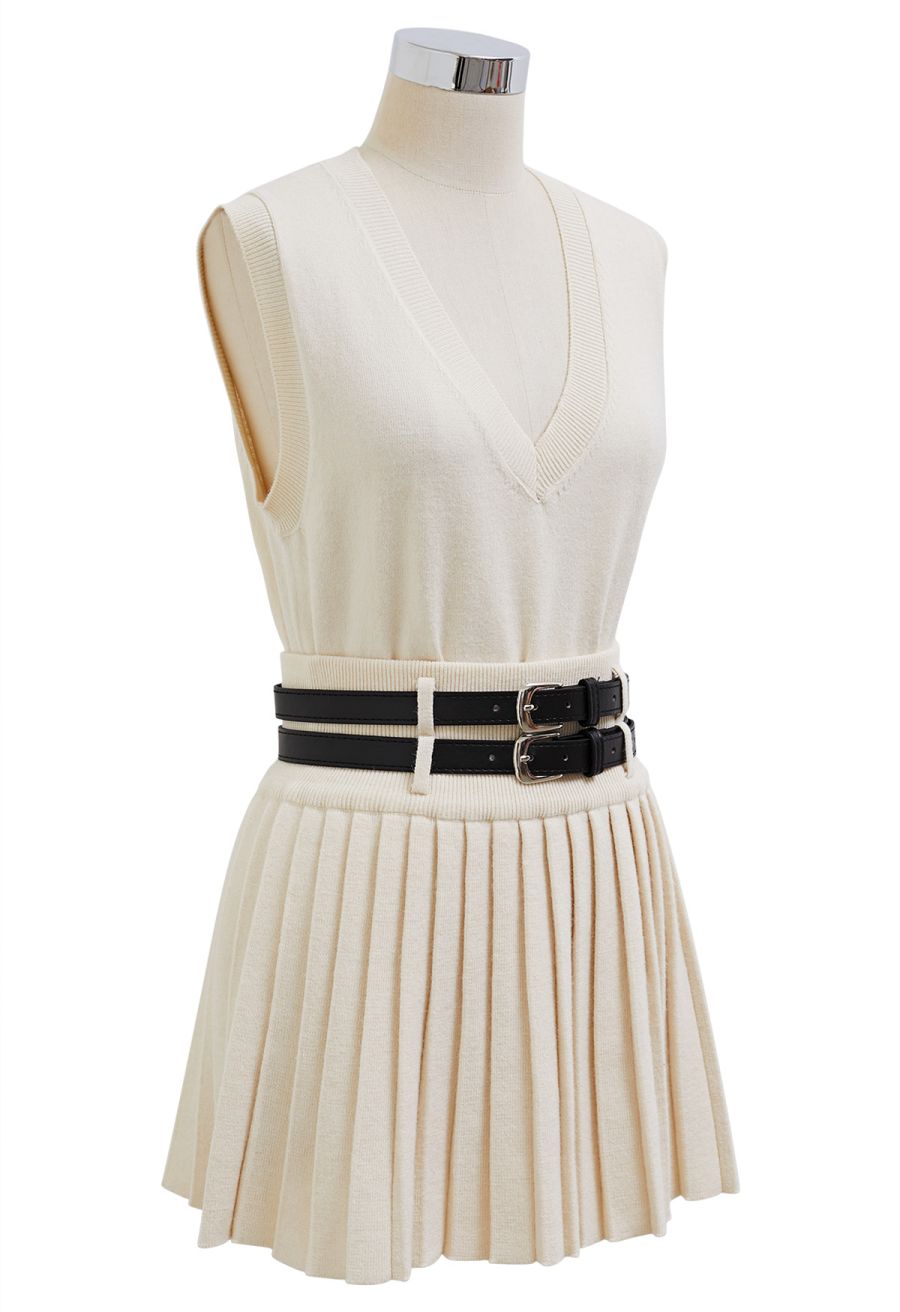 V-Neck Sleeveless Knit Top and Pleated Skirt Set in Cream