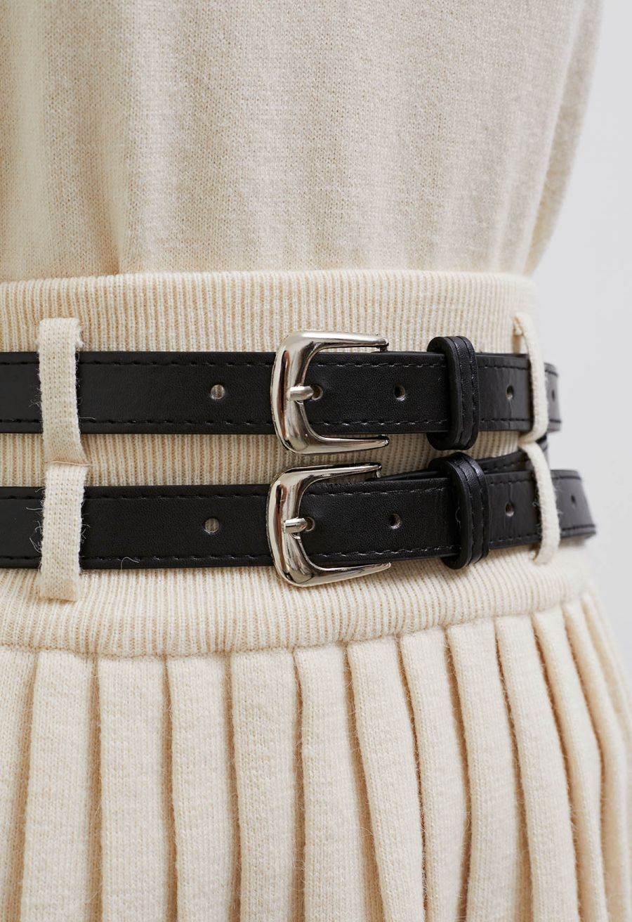 V-Neck Sleeveless Knit Top and Pleated Skirt Set in Cream