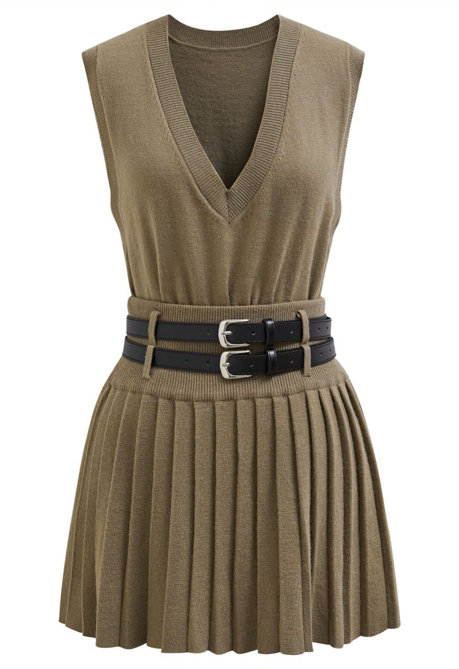 V-Neck Sleeveless Knit Top and Pleated Skirt Set in Khaki