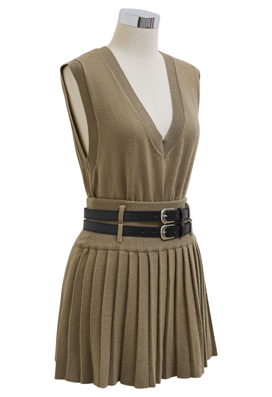 V-Neck Sleeveless Knit Top and Pleated Skirt Set in Khaki