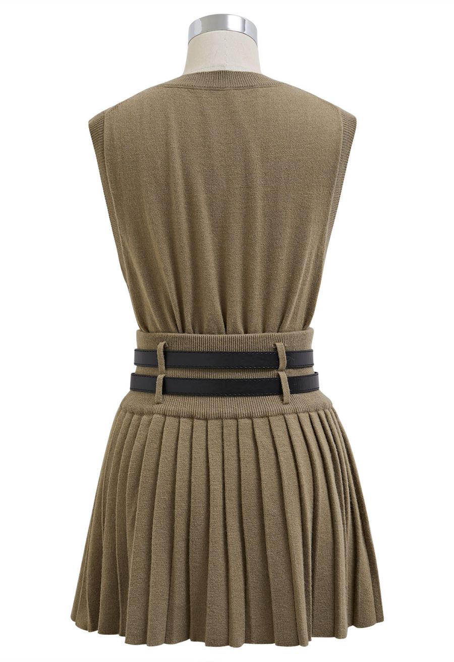 V-Neck Sleeveless Knit Top and Pleated Skirt Set in Khaki