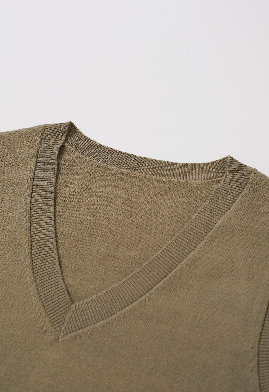 V-Neck Sleeveless Knit Top and Pleated Skirt Set in Khaki