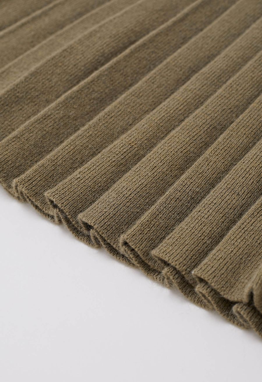 V-Neck Sleeveless Knit Top and Pleated Skirt Set in Khaki
