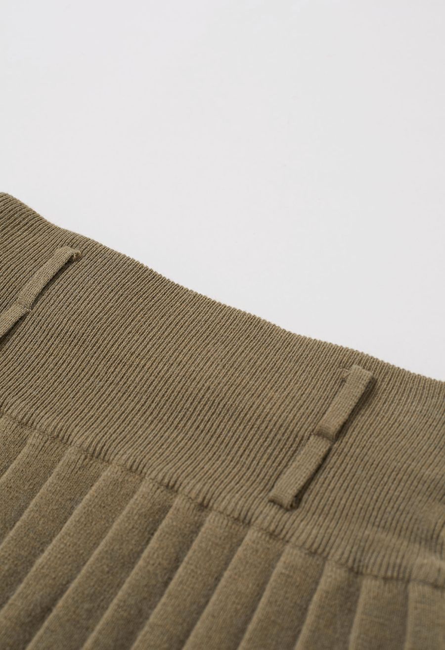 V-Neck Sleeveless Knit Top and Pleated Skirt Set in Khaki