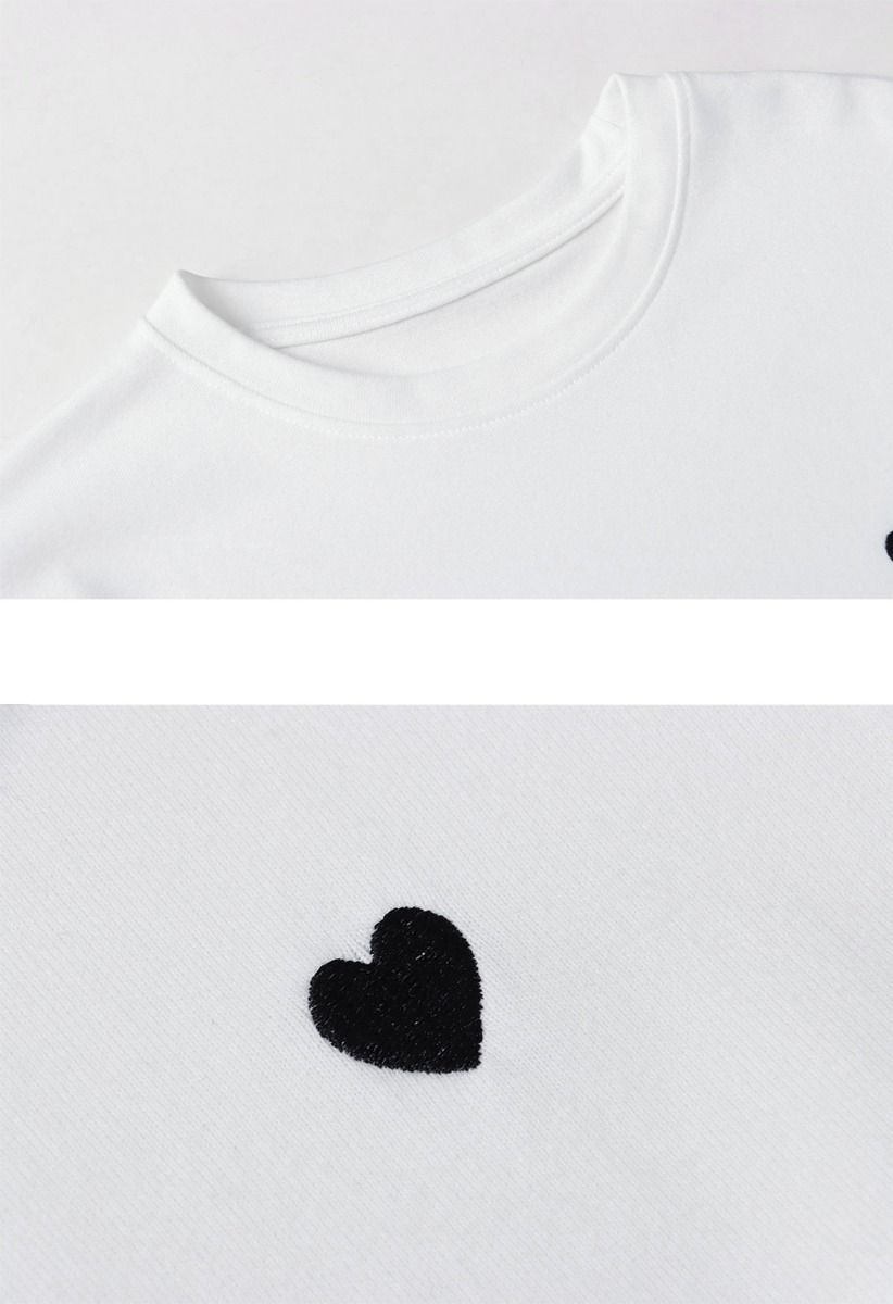 Cute Embroidered Heart Pattern T-Shirt in White