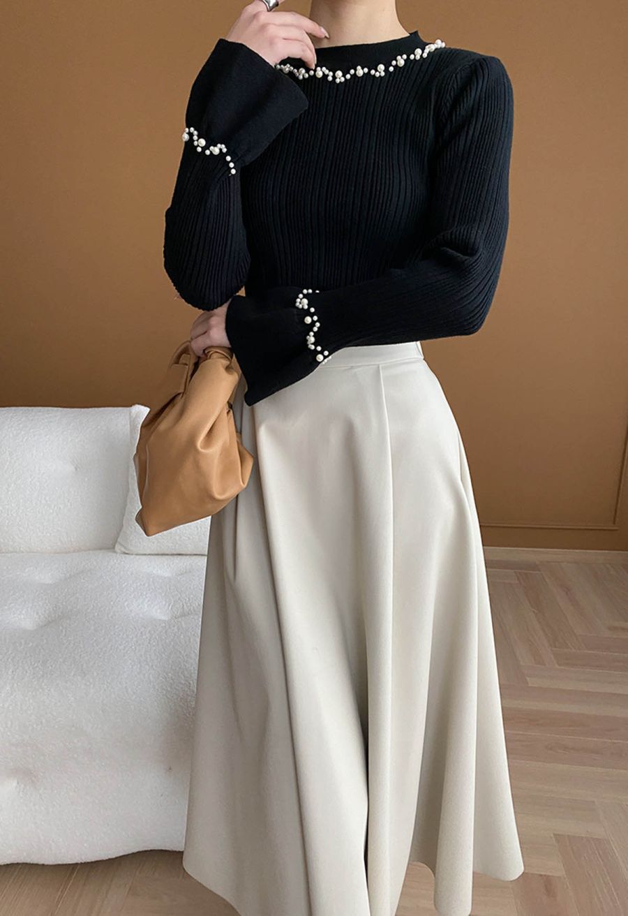 Pearl Adorned Flare Cuffs Ribbed Knit Top in Black