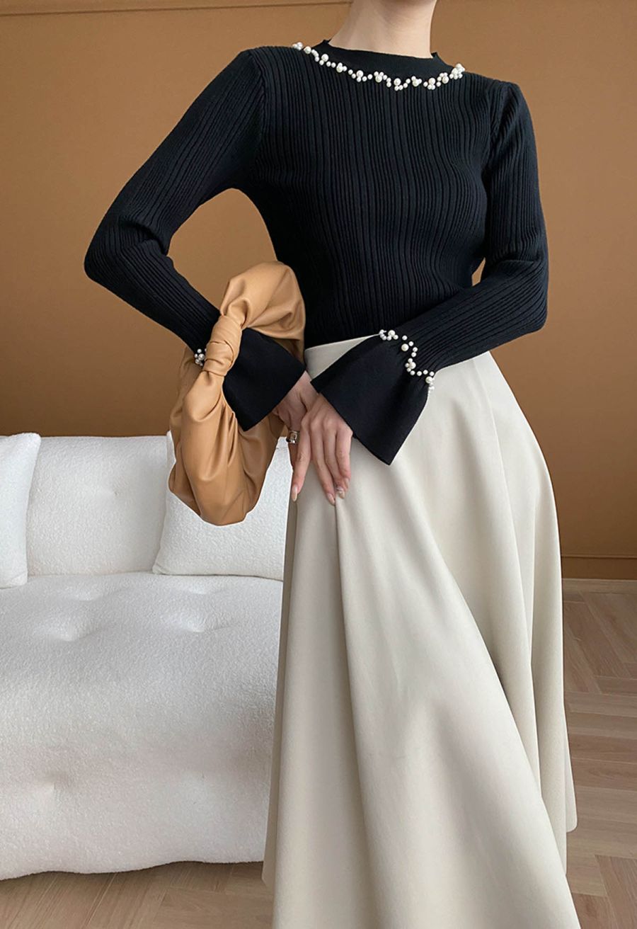 Pearl Adorned Flare Cuffs Ribbed Knit Top in Black