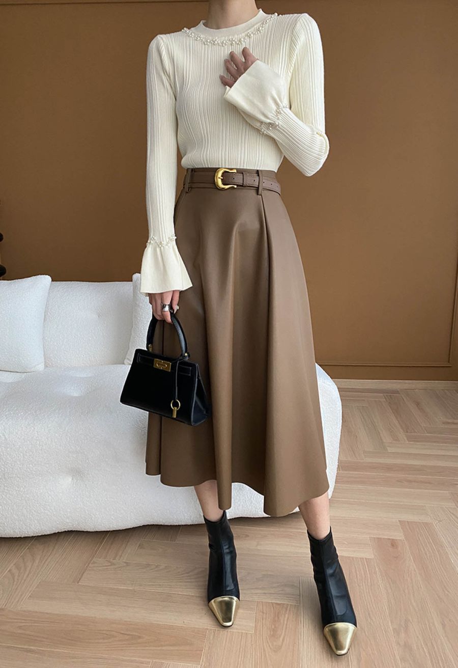 Pearl Adorned Flare Cuffs Ribbed Knit Top in Cream