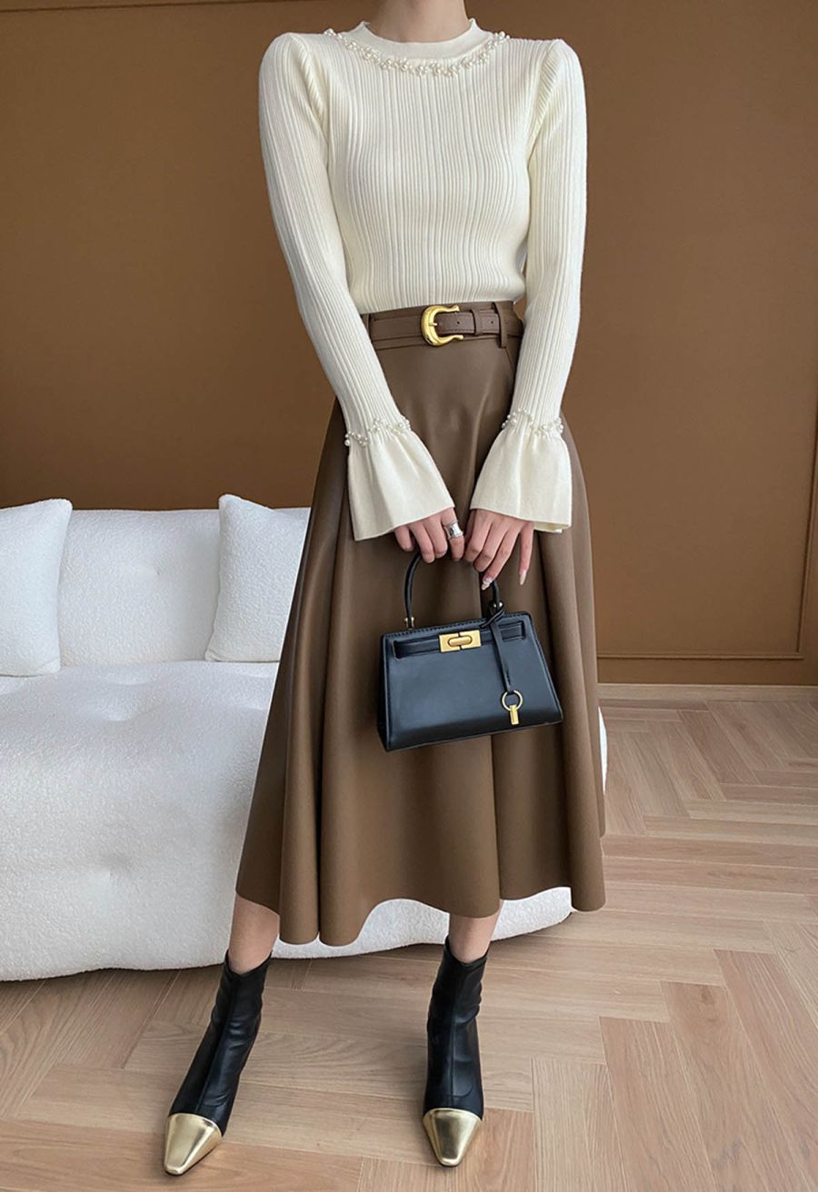 Pearl Adorned Flare Cuffs Ribbed Knit Top in Cream
