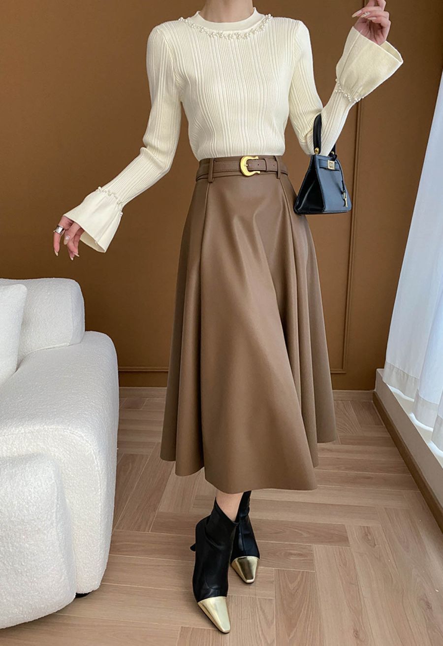 Pearl Adorned Flare Cuffs Ribbed Knit Top in Cream