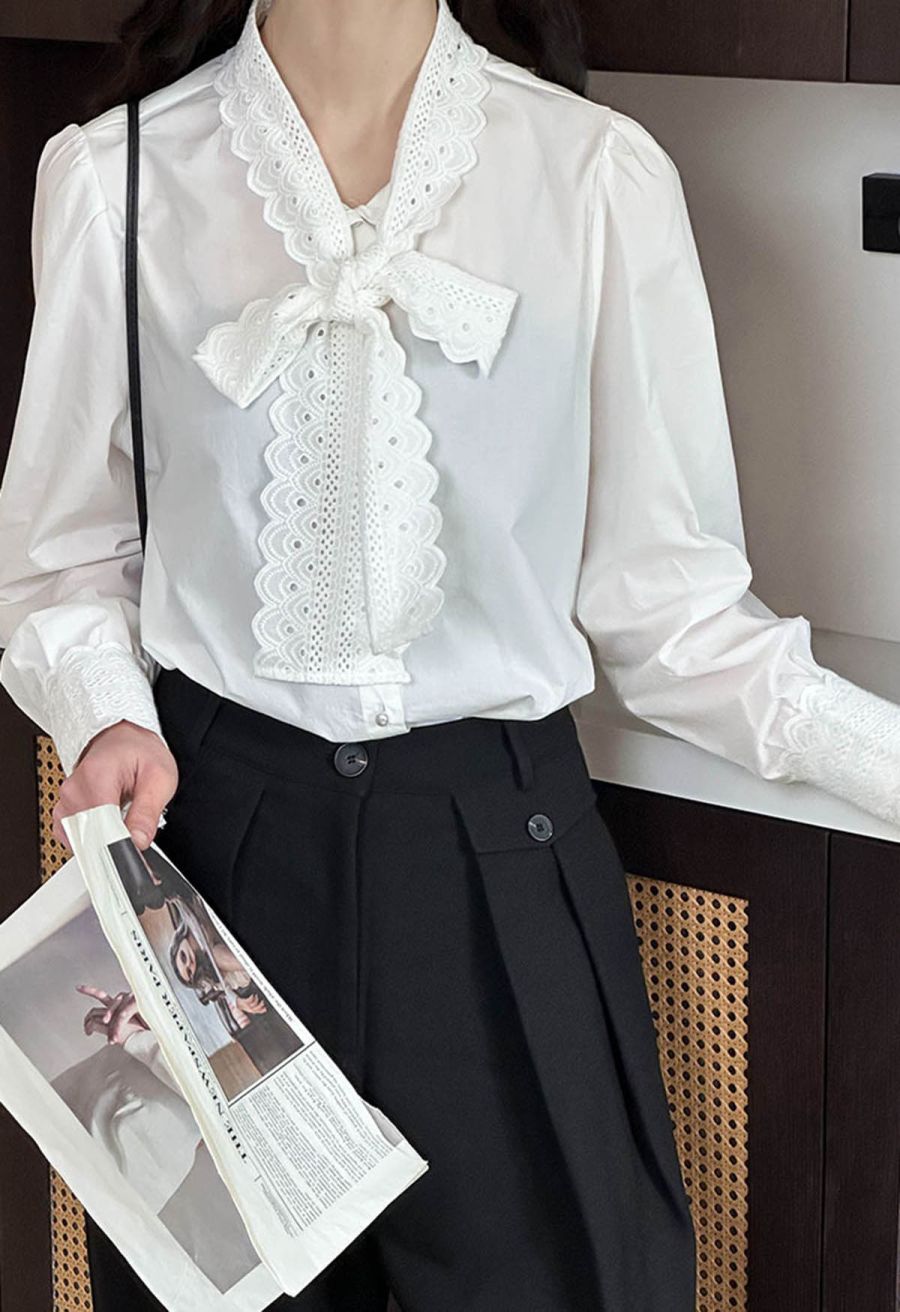 Embroidered Eyelet Bowknot Puff Sleeves Shirt