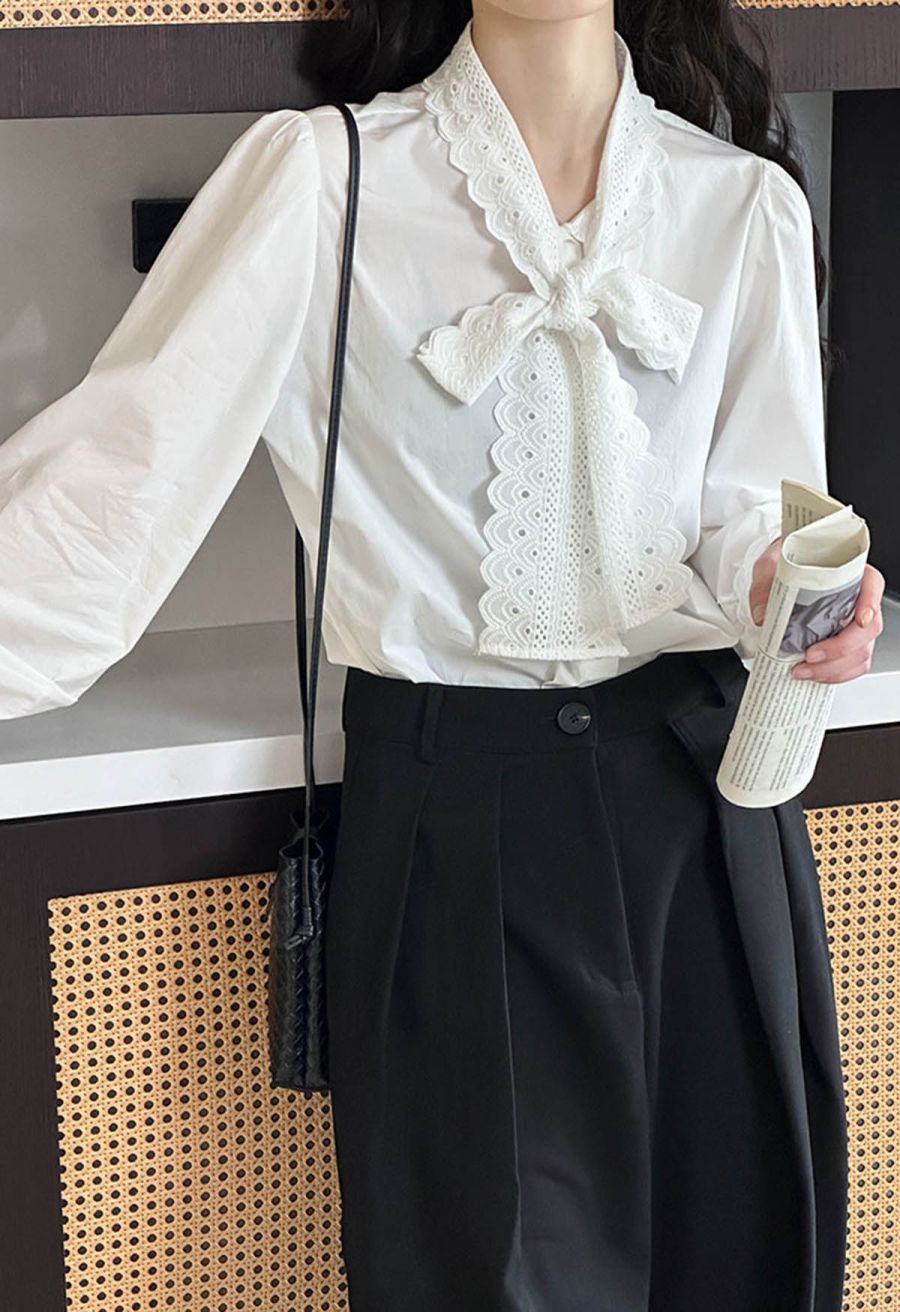 Embroidered Eyelet Bowknot Puff Sleeves Shirt