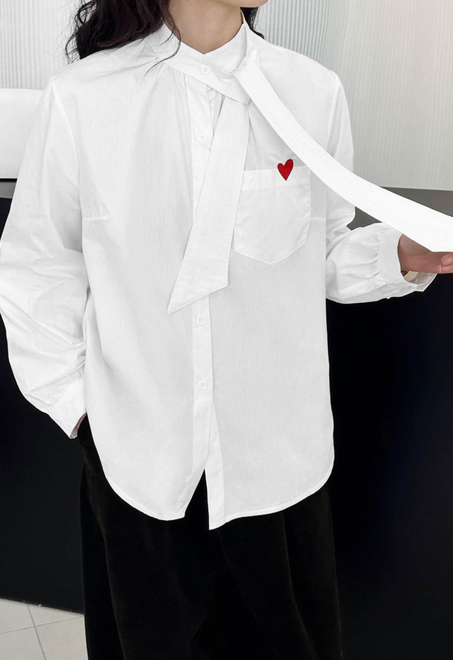 Embroidered Heart Patch Pocket Tie-Neck Shirt