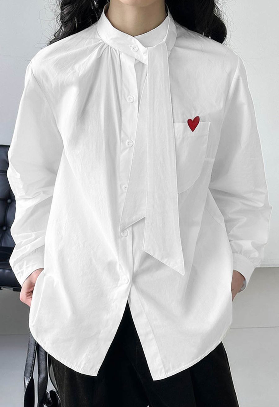 Embroidered Heart Patch Pocket Tie-Neck Shirt