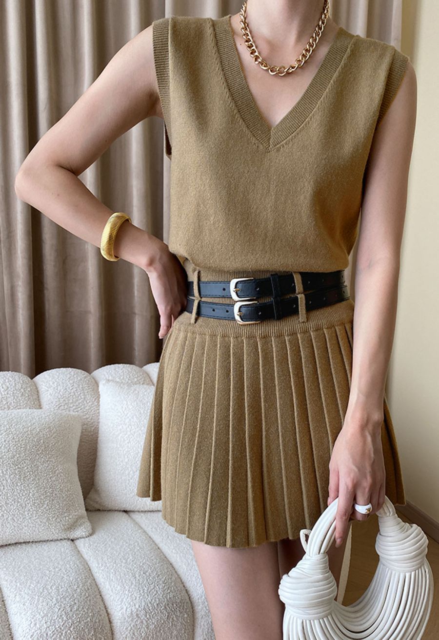 V-Neck Sleeveless Knit Top and Pleated Skirt Set in Khaki