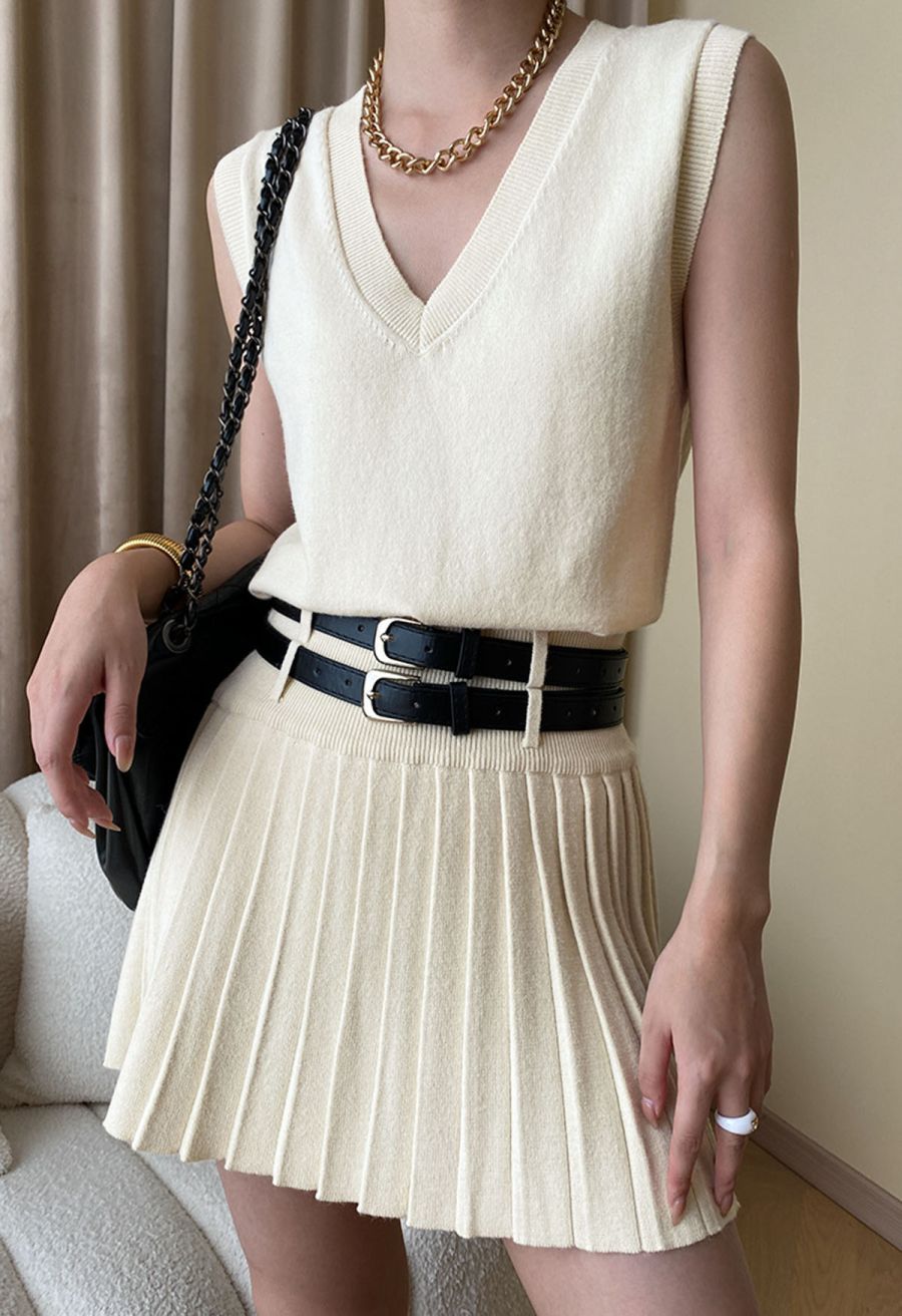 V-Neck Sleeveless Knit Top and Pleated Skirt Set in Cream