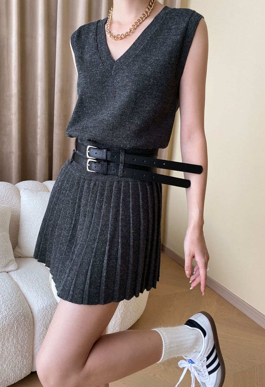 V-Neck Sleeveless Knit Top and Pleated Skirt Set in Smoke