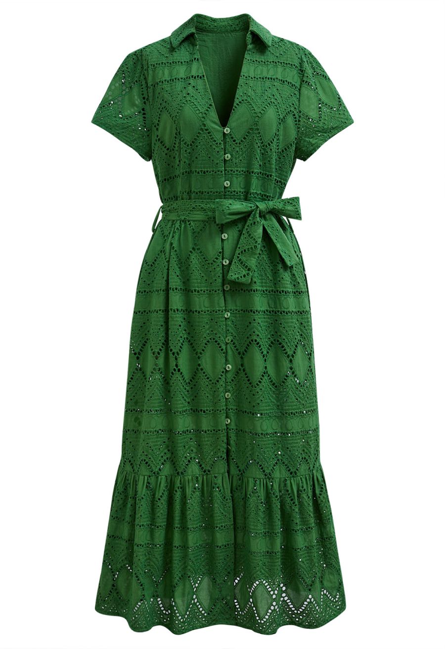 Greenery in Spring Embroidered Eyelet Frilling Dress